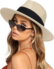 URTALK Panama Hat Sun Hats for Women Men Wide Brim Fedora Straw Beach Hat UV UPF 50
