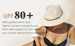 FURTALK Womens Summer Straw Sun Hats Wide Brim Panama Fedora Beach Hat with Wind Lanyard UPF 80+
