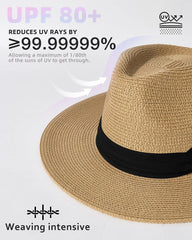 URTALK Panama Hat Sun Hats for Women Men Wide Brim Fedora Straw Beach Hat UV UPF 50