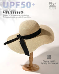 Womens Floppy Straw Hat Wide Brim Foldable Beach Cap Sun Hat for Women UPF 50+