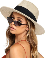FURTALK Panama Hat Sun Hats for Women Men Wide Brim Fedora Straw Beach Hat UV UPF 50
