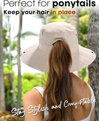 FURTALK Sun Hats for Women Ponytail UPF 80+ Beach Summer Hat Wide Brim Packable Cowboy Hat
