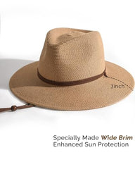 FURTALK Womens Summer Straw Sun Hats Wide Brim Panama Fedora Beach Hat with Wind Lanyard UPF 80+