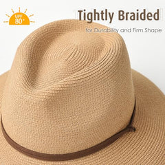 FURTALK Womens Summer Straw Sun Hats Wide Brim Panama Fedora Beach Hat with Wind Lanyard UPF 80+