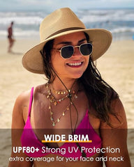 FURTALK Womens Summer Straw Sun Hats Wide Brim Panama Fedora Beach Hat with Wind Lanyard UPF 80+