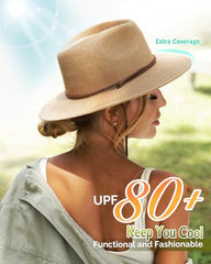 FURTALK Womens Summer Straw Sun Hats Wide Brim Panama Fedora Beach Hat with Wind Lanyard UPF 80+