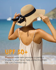 Womens Sun Hat UV Protection Wide Brim Beach Hat Floppy Foldable Roll-Up Straw Hats for Women UPF 50