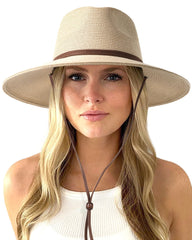 FURTALK Womens Summer Straw Sun Hats Wide Brim Panama Fedora Beach Hat with Wind Lanyard UPF 80+