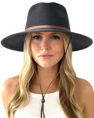 FURTALK Womens Summer Straw Sun Hats Wide Brim Panama Fedora Beach Hat with Wind Lanyard UPF 80+