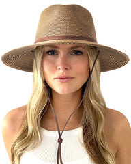 FURTALK Womens Summer Straw Sun Hats Wide Brim Panama Fedora Beach Hat with Wind Lanyard UPF 80+