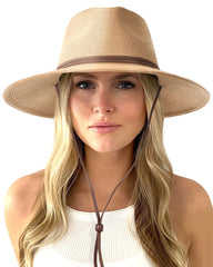 FURTALK Womens Summer Straw Sun Hats Wide Brim Panama Fedora Beach Hat with Wind Lanyard UPF 80+