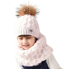 FURTALK Kids Winter Real Fur Pom Pom Hat Scarf Set Diamond pattern Drop Shipping SFFW032