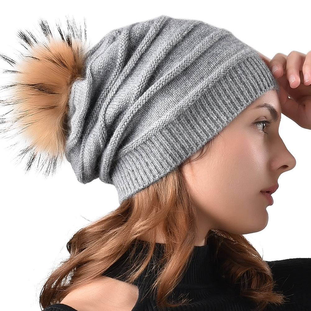 FURTALK Women Winter Sloughy Real Fur Pompom Hat Drop Shipping AD006