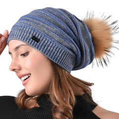 FURTALK Women Winter Sloughy Real Fur Pompom Hat  Drop Shipping AD006