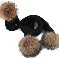 FURTALK Real Raccoon Fur Pom Pom Hat Scarf Set for Kids HTWL029