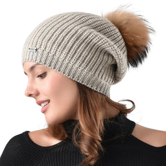 FURTALK Women Winter Sloughy Real Fur Pompom Hat Drop Shipping AD006