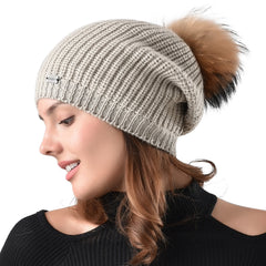 FURTALK Women Winter Real Fur  Slouchy Pompom Hat Drop Shipping  AD009