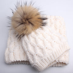 FURTALK Women Winter Real Fur Bobble Hat Scarf Set Diamond Pattern Drop Shipping HTWL091