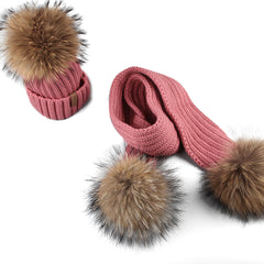 FURTALK Real Raccoon Fur Pom Pom Hat Scarf Set for Kids HTWL029