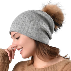 FURTALK Winter Women Slouchy Real Fur pompom Hat Sequin Drop Shipping AD004