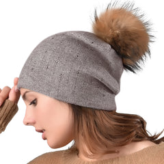 FURTALK Winter Women Slouchy Real Fur pompom Hat Sequin Drop Shipping AD004