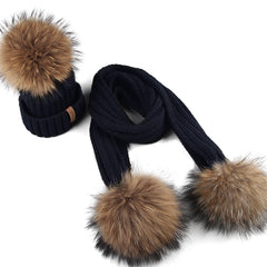 FURTALK Real Raccoon Fur Pom Pom Hat Scarf Set for Kids HTWL029