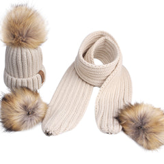 FURTALK Real Raccoon Fur Pom Pom Hat Scarf Set for Kids HTWL029