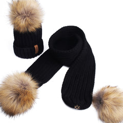 FURTALK Real Raccoon Fur Pom Pom Hat Scarf Set for Kids HTWL029