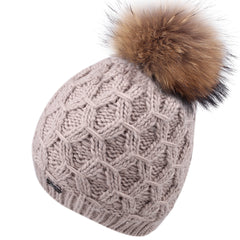 FURTALK Women Winter Real Fur Bobble Hat Scarf Set Diamond Pattern Drop Shipping HTWL091