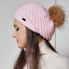 FURTALK Winter Women BeretReal Fur Pom Pom Hat Drop shipping HTWL063