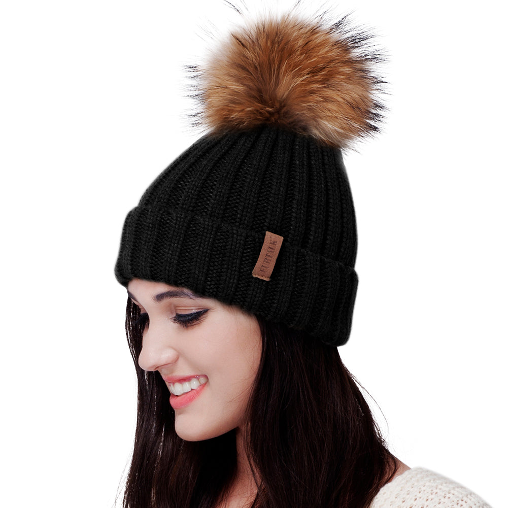 WOOL BEANIE HAT WITH GENUINE RACCOON FUR POM POM