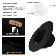 FURTALK Fedora Hats for Men Women 100% Australian Wool Felt Wide Brim Hat Thin Leather Belt Crushable Packable