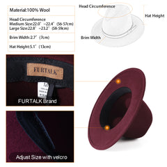 FURTALK Fedora Hats for Men Women 100% Australian Wool Felt Wide Brim Hat Wide Leather Belt Crushable Packable