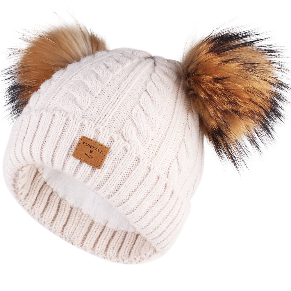 FURTALK Kids Winter Real Fur Pom Pom Hats Double Poms Drop shipping SF