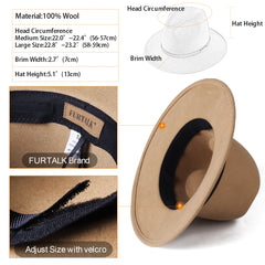 FURTALK Fedora Hats for Men Women 100% Australian Wool Felt Wide Brim Hat Thin Leather Belt Crushable Packable