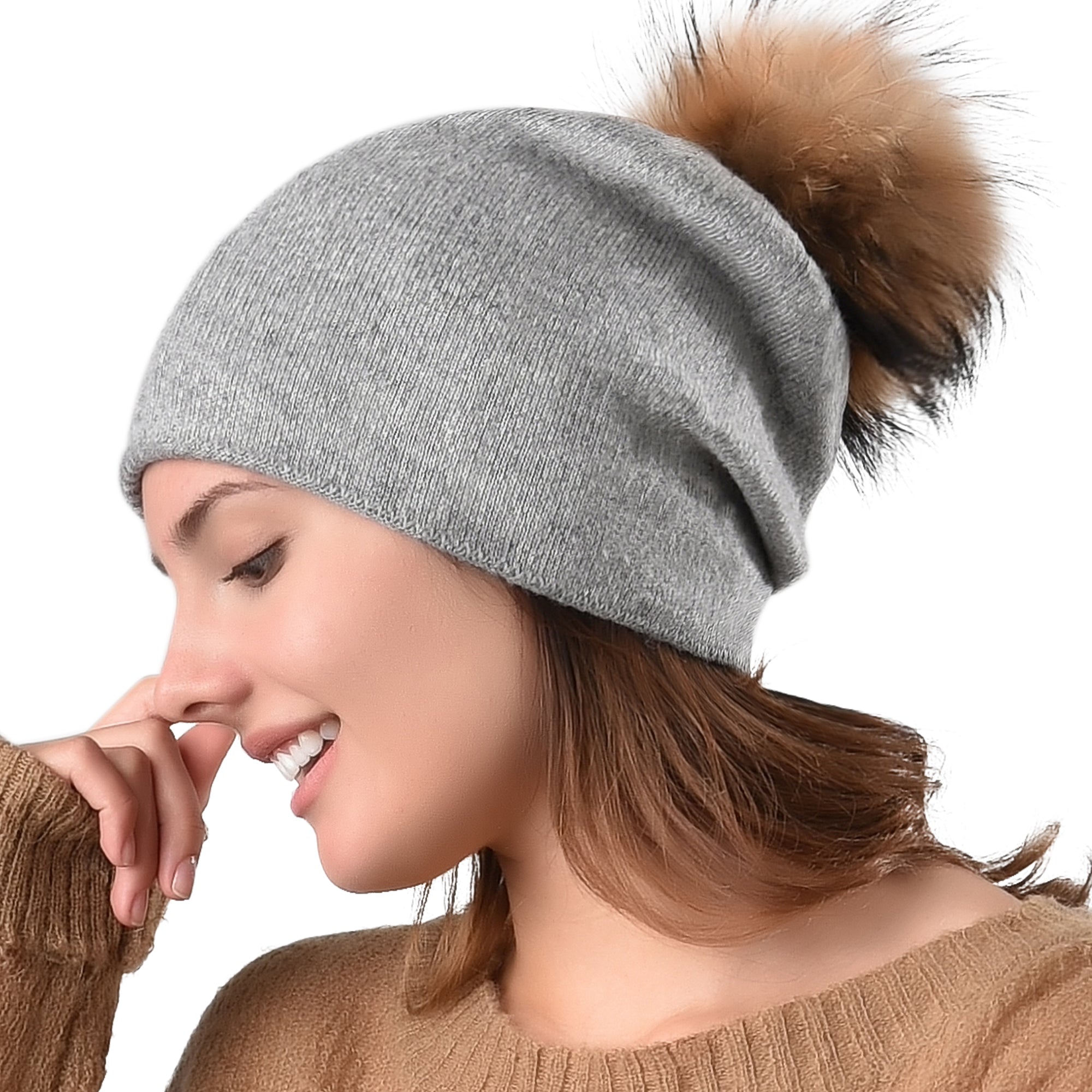FURTALK Women Winter Real Fur Slouchy Pompom Hat Drop Shipping  AD011