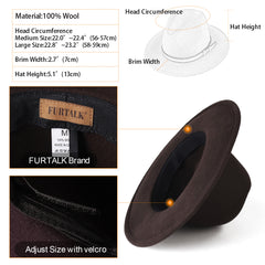 FURTALK Fedora Hats for Men Women 100% Australian Wool Felt Wide Brim Hat Wide Leather Belt Crushable Packable