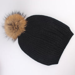 FURTALK Women Winter Real Fur  Slouchy Pompom Hat Drop Shipping  AD009